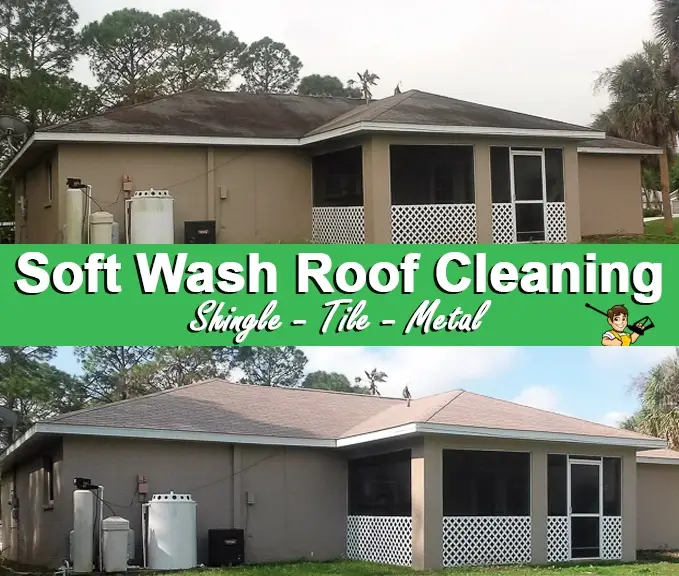 Before and After Photo of Soft Wash Roof Cleaning a Shingle Roof in North Port FL